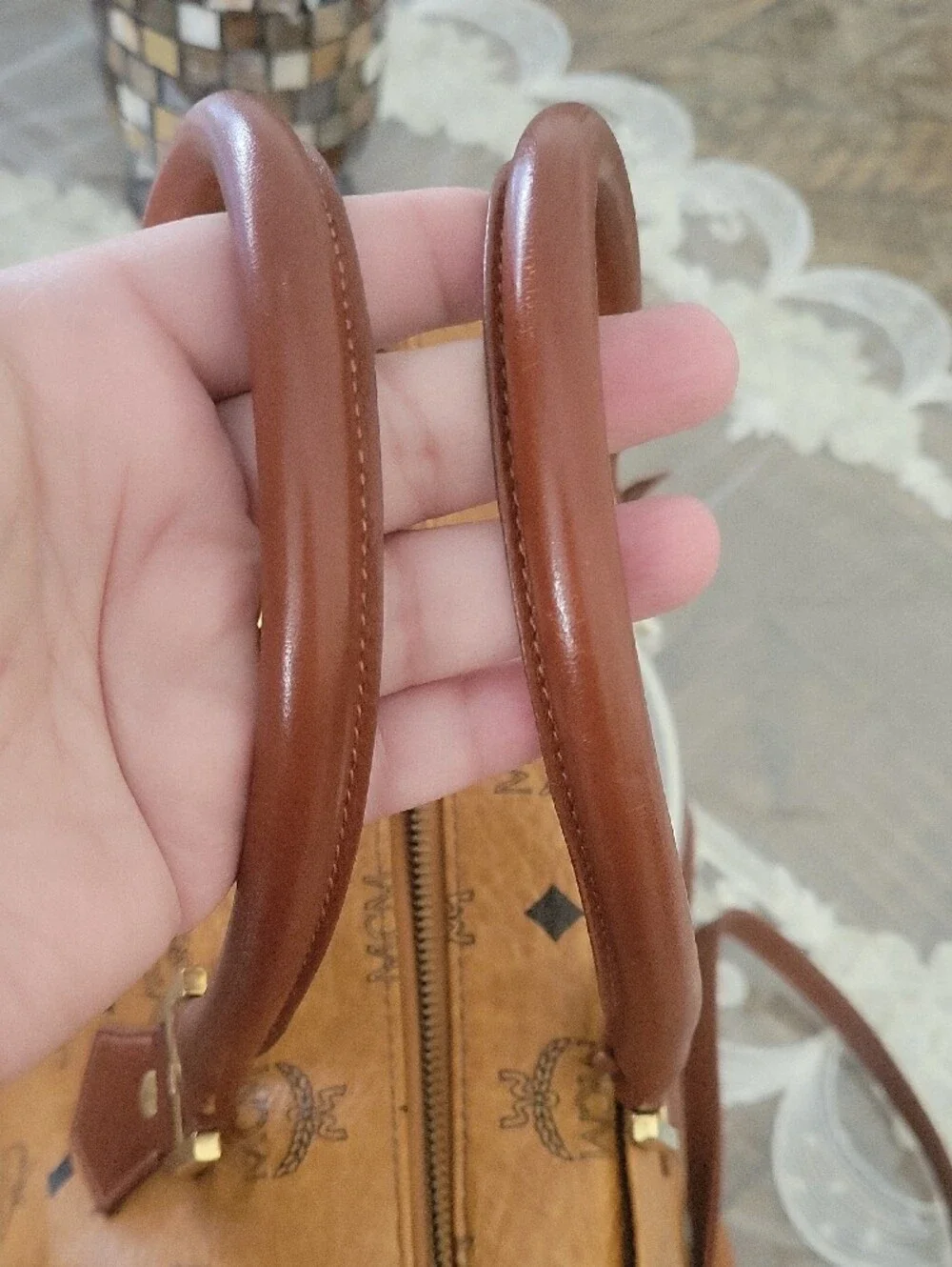 MCM Cognac Visetos Boston Satchel with Brown Accents
